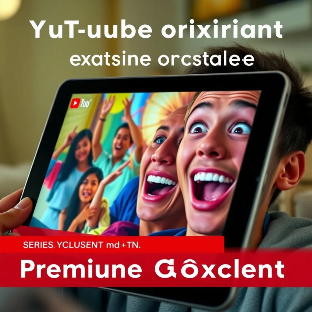 태블릿이나 스마트폰 화면에 흥미진진한 유튜브 오리지널 시리즈의 한 장면이 재생되고 있으며, 이를 보던 사용자가 놀라움과 기쁨에 찬 표정을 짓는 모습입니다. (현재 오리지널 비중이 줄었지만, 프리미엄 혜택 중 하나로 언급 가능)