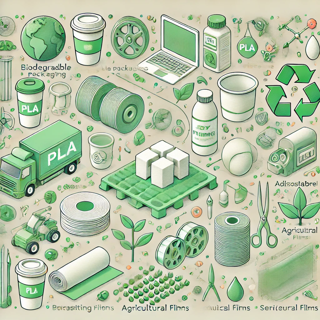 PLA가 활용되고 있는 다양한 제품을 나열하고 있는 이미지