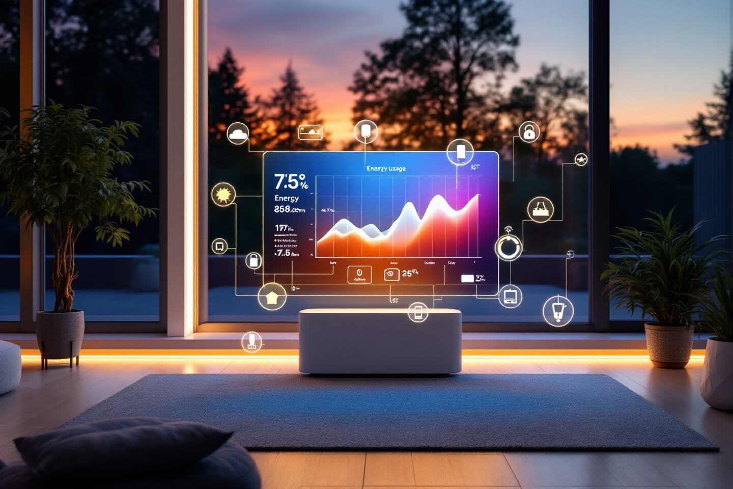 대형 창이 보이는 거실에 위치한 스마트 디스플레이. 화면에는 에너지 사용량 그래프, 스마트 기기 제어 아이콘이 떠 있으며, 실내 환경 제어 데이터가 시각화된 모습입니다.