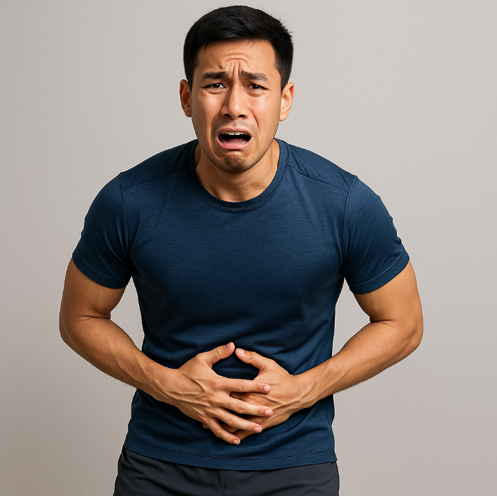 운동복을 입은 남성이 변비로 인한 복통에 당황하는 모습