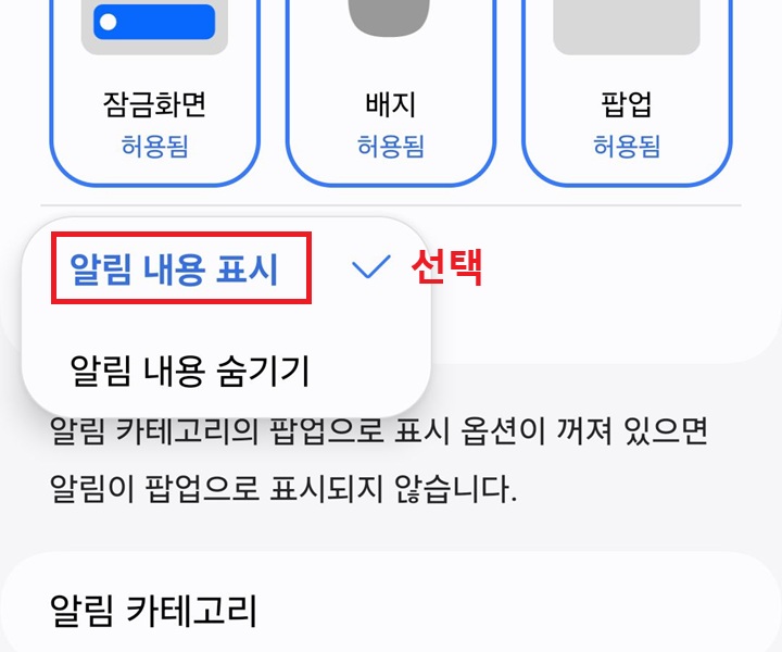 알림 내용 표시 선택창 보임