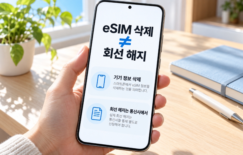 eSIM 정보 삭제와 통신사 회선 해지의 차이를 설명하는 스마트폰 안내 화면