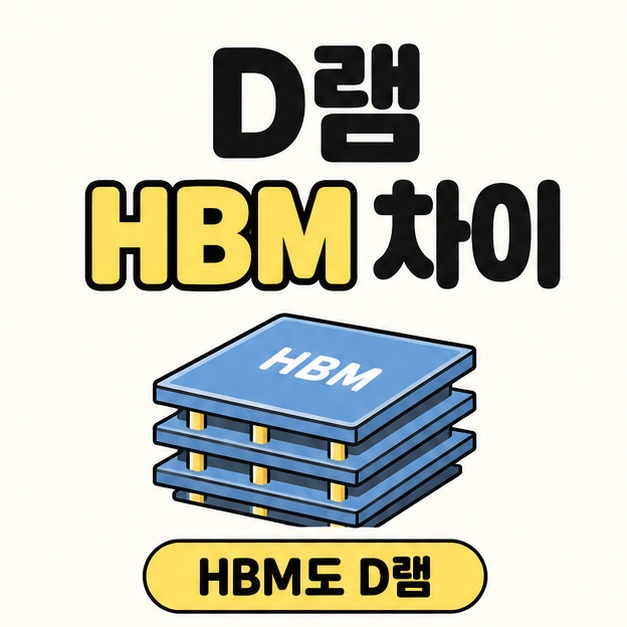 D램 HBM 차이라는 제목 아래 HBM이라고 적힌 적층 메모리 삽화와 HBM도 D램이라는 문구를 배치한 대표 이미지