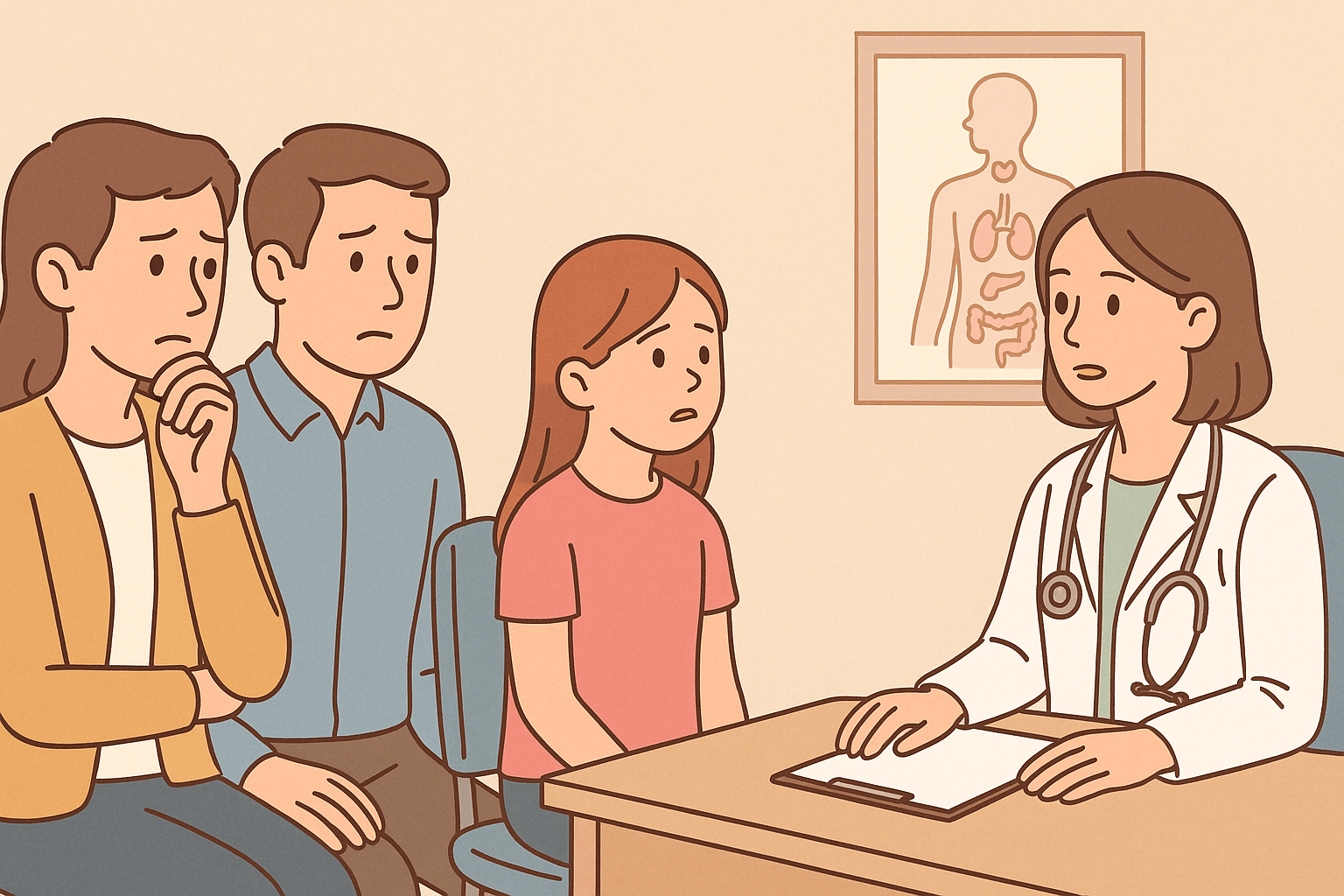 성장발달이 빠른 여아를 진료하는 병원 장면 일러스트(출처**자체제작)