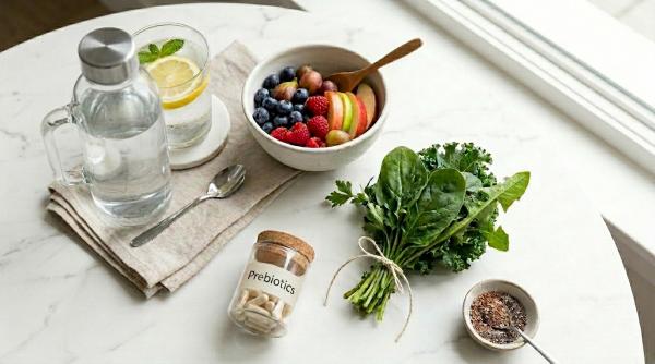 'Prebiotics'가 적힌 병과 신선한 베리류 과일 볼, 푸른 잎채소, 레몬수가 놓여 있는 건강한 장 관리 컨셉의 플랫 레이 이미지