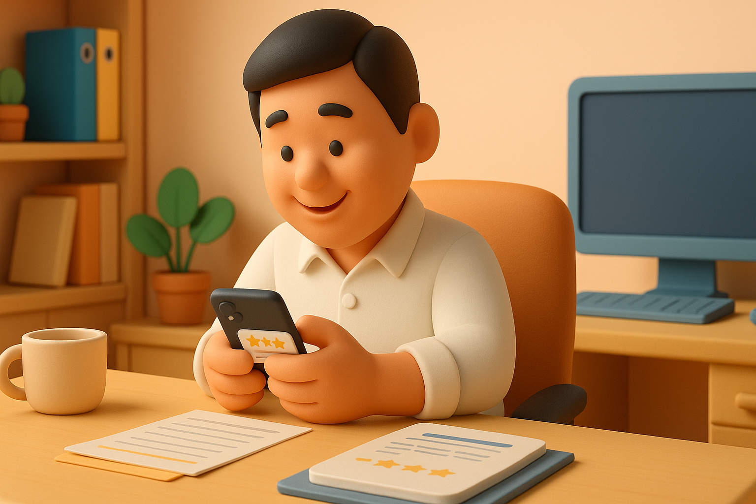 사장님이 스마트폰 배달앱에서 고객 리뷰에 정성스럽게 댓글을 작성하고 있는 모습