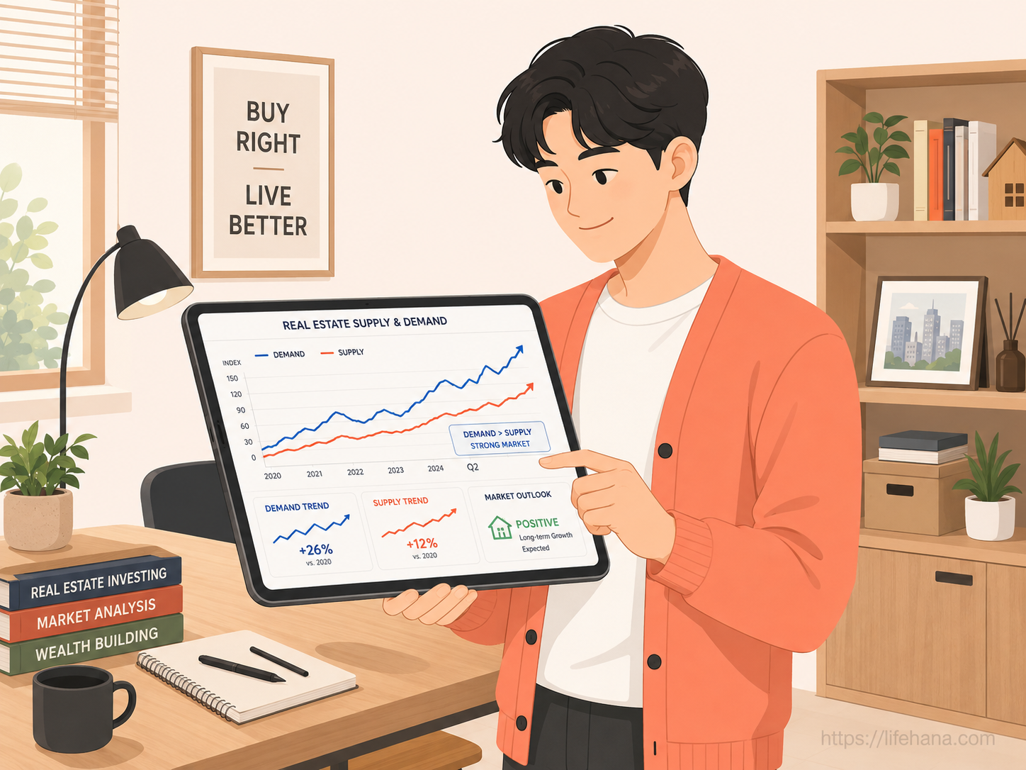아이폰 화면 속 배터리 잔량 수치가 빨간색으로 떨어져 당황해하는 젊은 가구원의 일상 일러스트