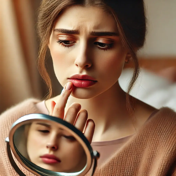 입술을 만지며 피곤한 듯 거울을 바라보는 젊은 여성의 구내염 증상 관련 초고해상도 사진