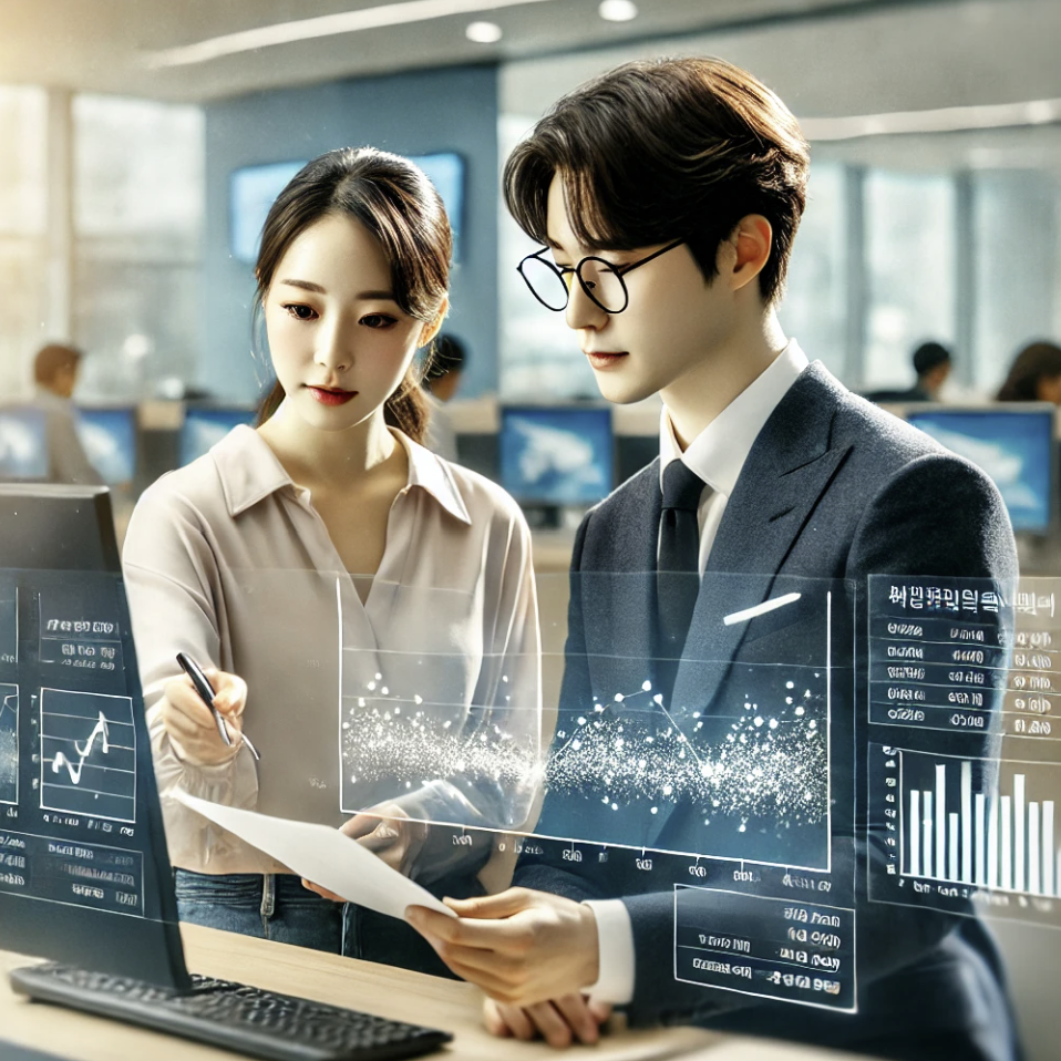 고객에게 금융 문서를 설명하는 은행 직원