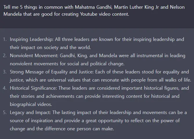 Tell me 5 things in common with Mahatma Gandhi&#44; Martin Luther King Jr and Nelson Mandela that are good for creating Youtube video content