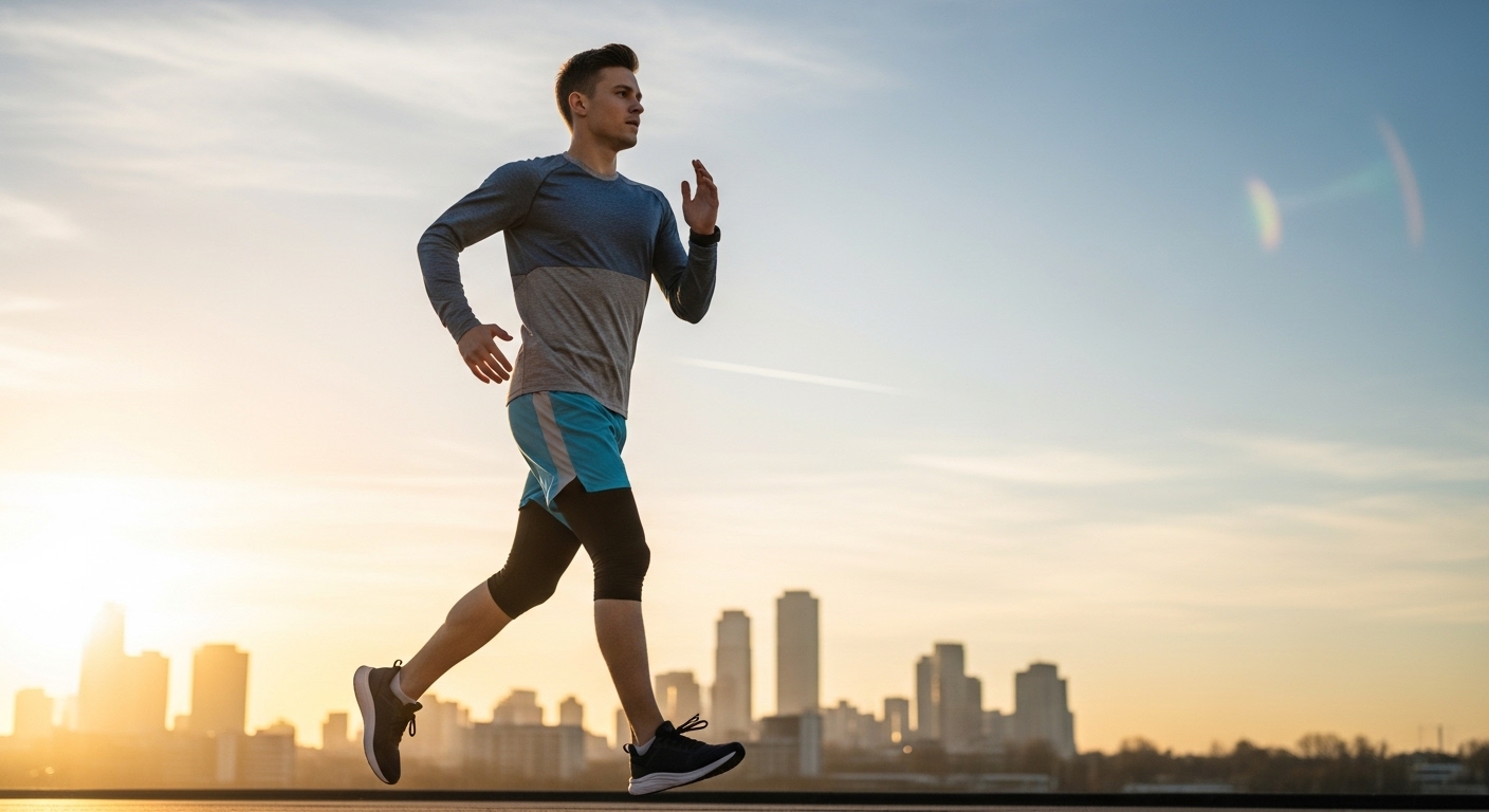 해 뜨는 도시를 배경으로 아침 조깅을 하는 활기찬 20대 청년의 모습. 건강한 시작을 상징하며, 푸른 새벽빛이 감도는 이미지.