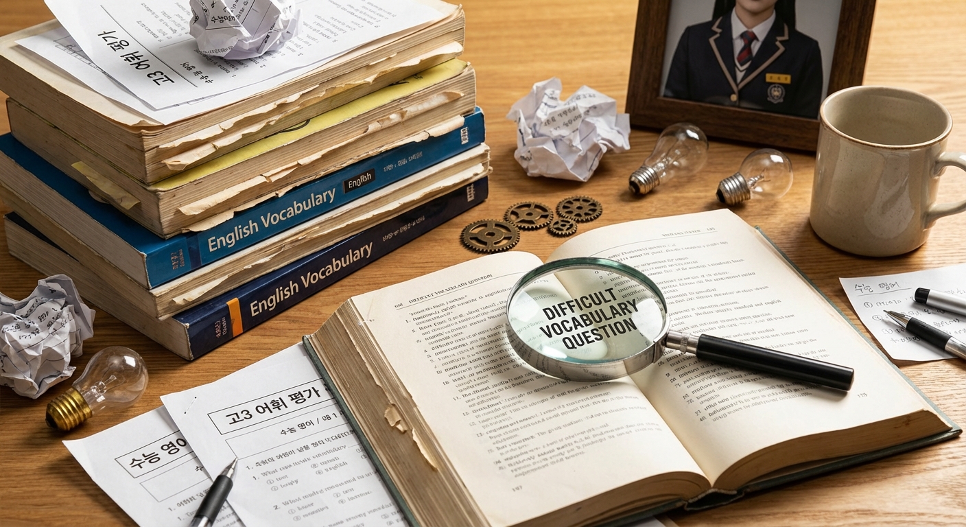 고3 영어 어휘 기출문제집과 수능 준비 서류가 쌓여있는 책상 위에 놓인 돋보기 이미지
