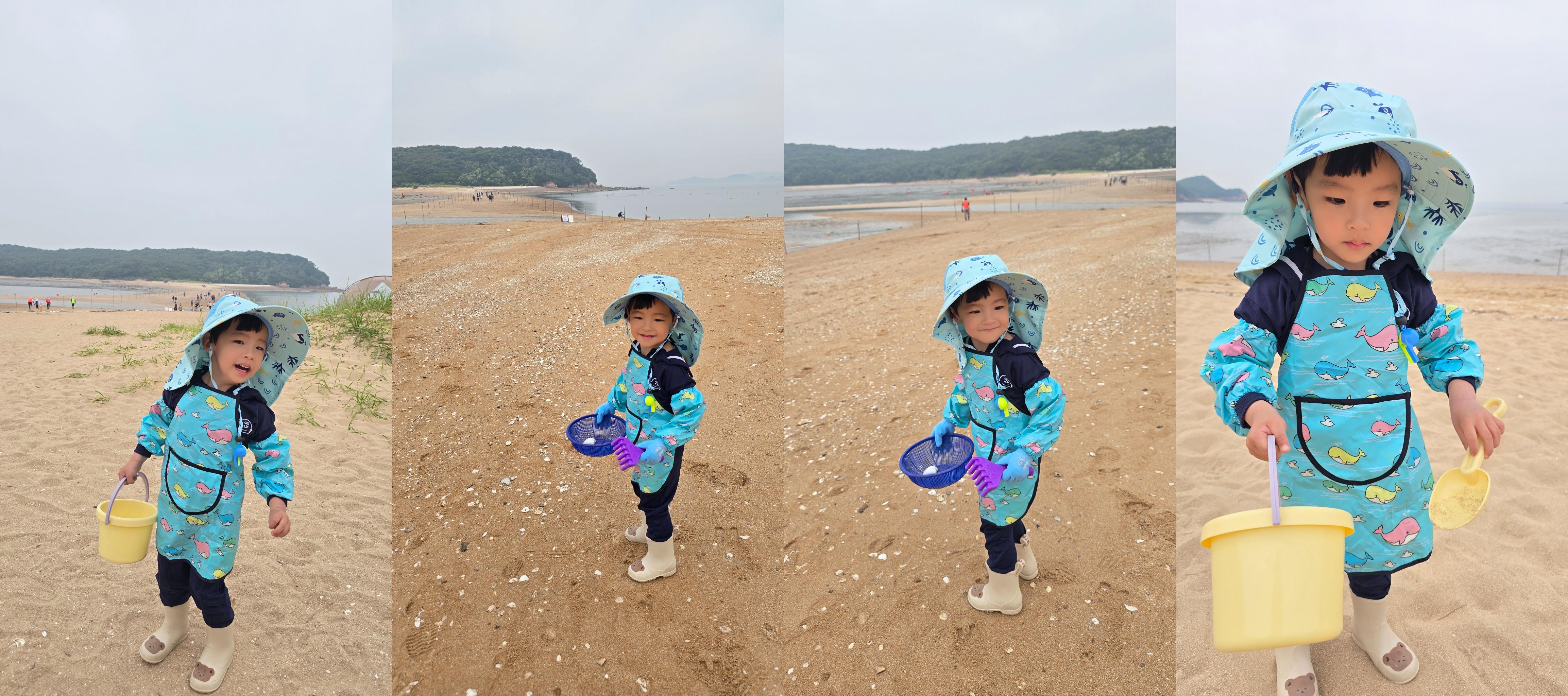 무의도 실미유원지 갯벌체험장에서 조개잡이를 즐기는 아이의 모습 가로 콜라쥬
