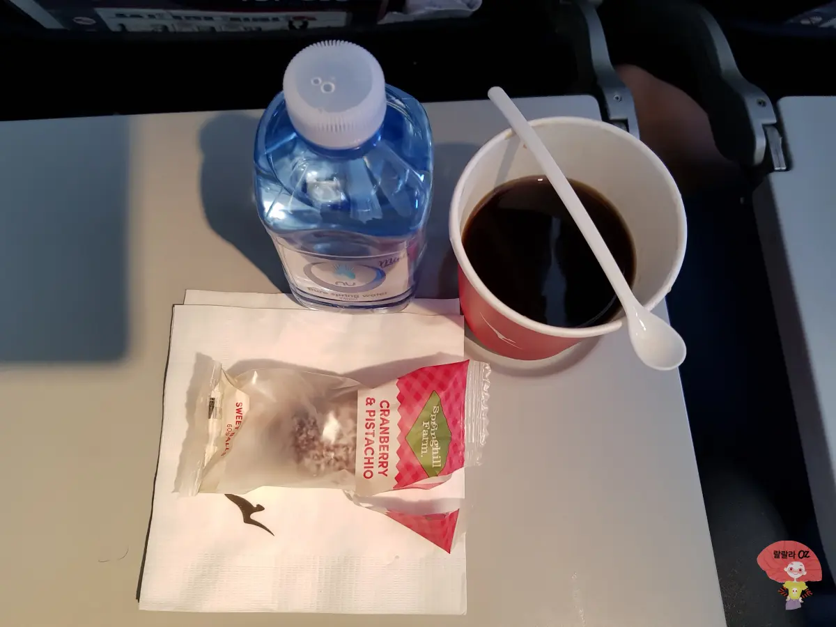 호주-멜버른행-콴타스에서-제공한-기내간식-도넛-커피-생수한통이-테이블-위에-올려진-모습