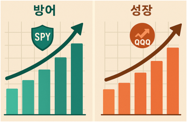SPY ETF는 방어, QQQ ETF는 성장을 나타내는 이미지