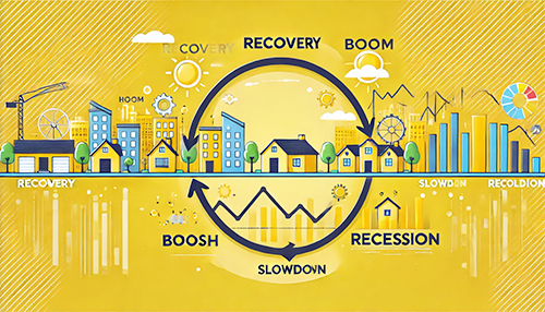 부동산 경기 사이클을 표현한 밝은 분위기의 일러스트. 회복, 호황, 둔화, 침체 단계를 상징하는 건물, 그래프, 주택 요소가 포함된 그림.