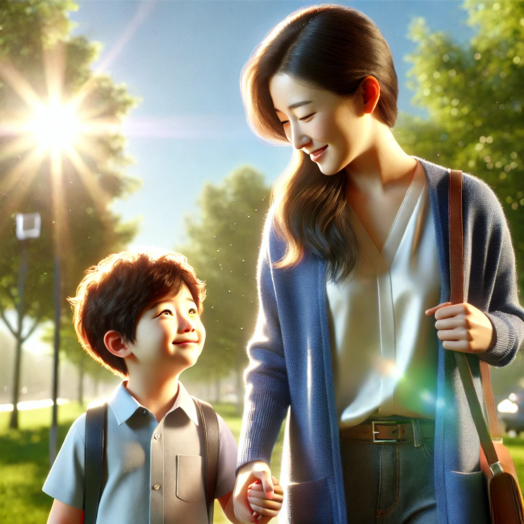 부모가 공원에서 아이의 손을 잡고 걸으며 격려의 말을 전하는 장면. 아이는 행복하고 자신감 있는 표정을 짓고&amp;#44; 따뜻한 햇살과 신뢰의 분위기가 느껴짐
