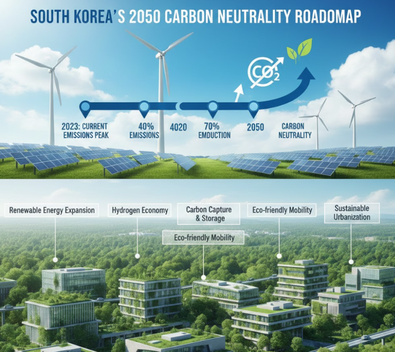 2050 탄소중립 목표 달성을 위한 한국의 친환경 에너지 전환 과정을 보여주는 인포그래픽