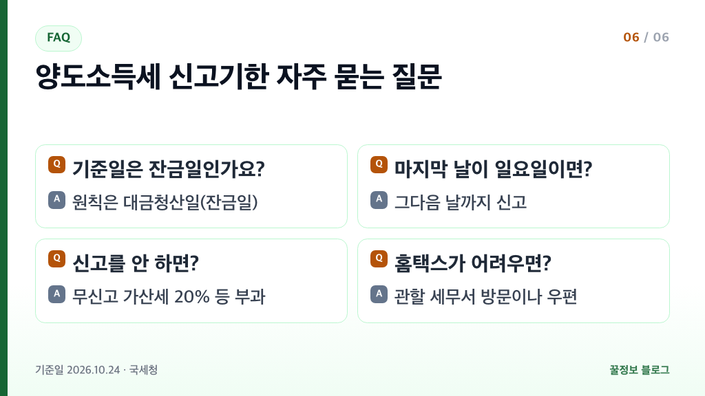 양도소득세 신고기한 자주 묻는 질문 잔금일 기준 휴일 연장 무신고 가산세 세무서 신고 요약