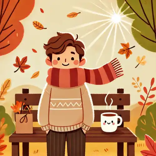 가을 공원에서 스카프를 두른 사람이 걷고 있는 모습