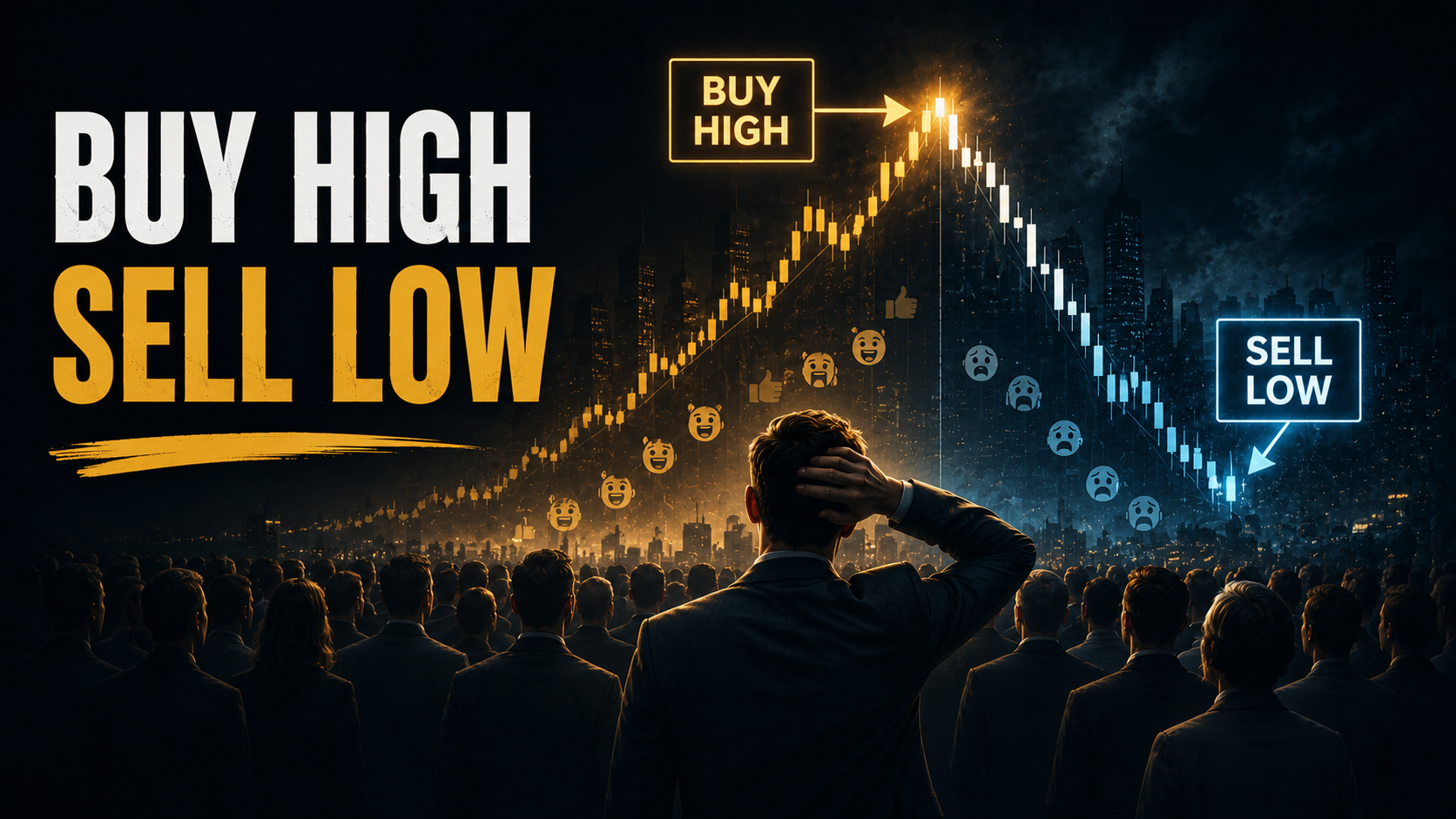Investors buying at market highs and selling at market lows because of emotional crowd behavior.