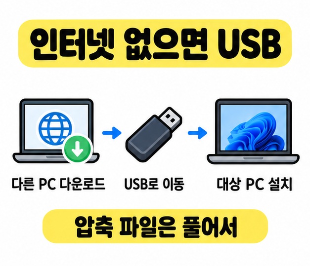 다른 PC에서 드라이버를 내려받아 USB로 옮기고 대상 PC에 설치하는 흐름과 압축 파일을 풀라는 안내