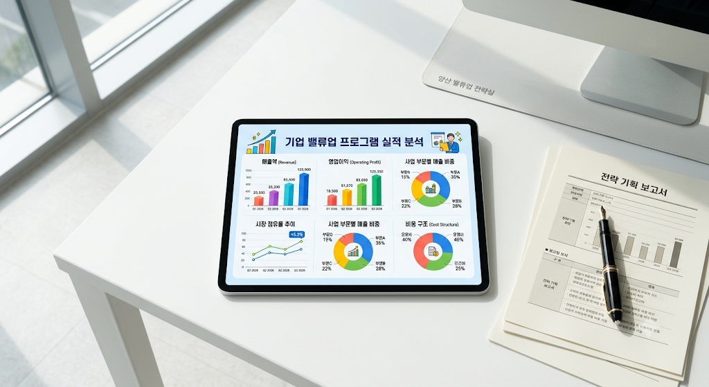 세련된 오피스 빌딩 데스크 위에 놓인 태블릿 PC 화면에 선명하게 찍힌 국내 기업 밸류업 프로그램 분석 그래프