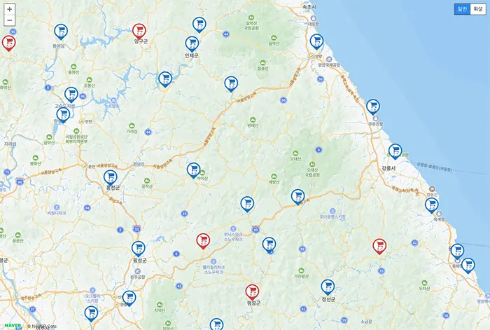 강원지역 오일장 지도 보기