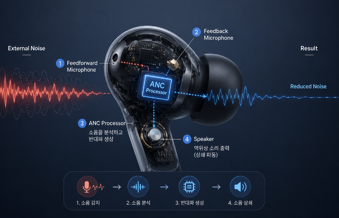 ANC 이어폰 내부 마이크와 프로세서 구조를 표현한 이미지