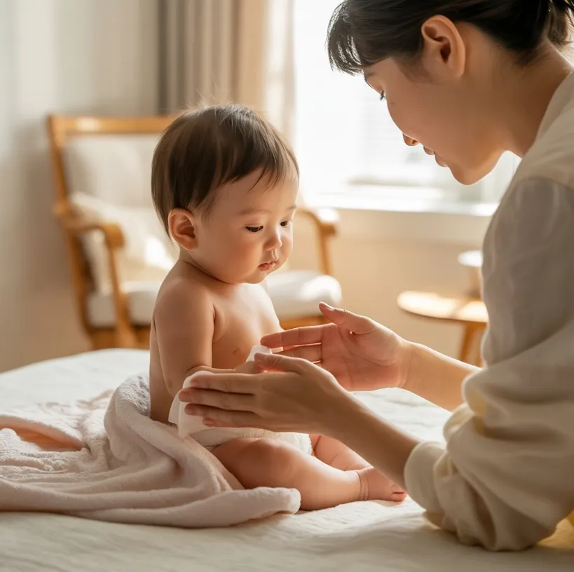 아기에게 목욕 후 로션을 바르고 있는 이미지