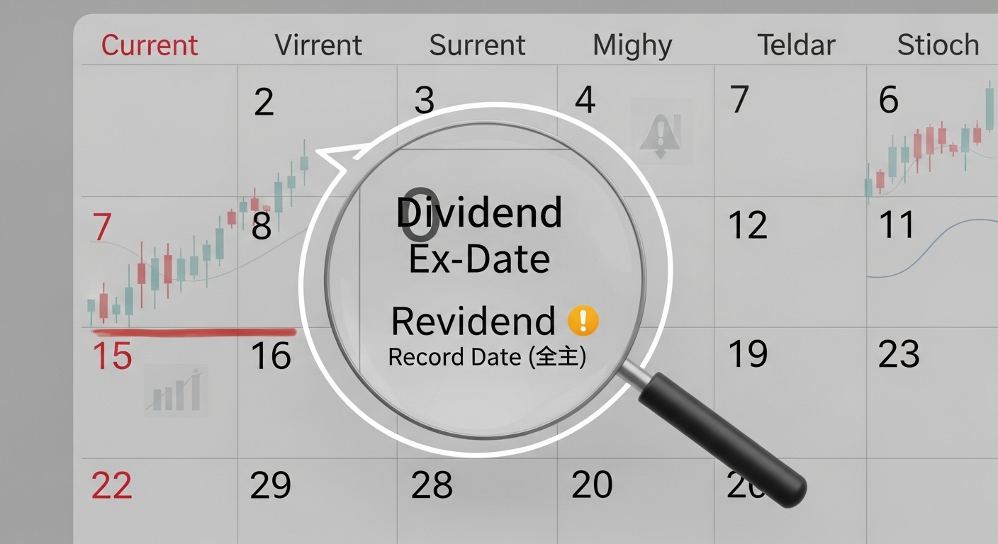 주요 배당 관련 날짜(배당 기준일, 배당락일)가 표시된 달력 이미지, 투자자들이 날짜를 확인하는 데 도움을 줍니다.