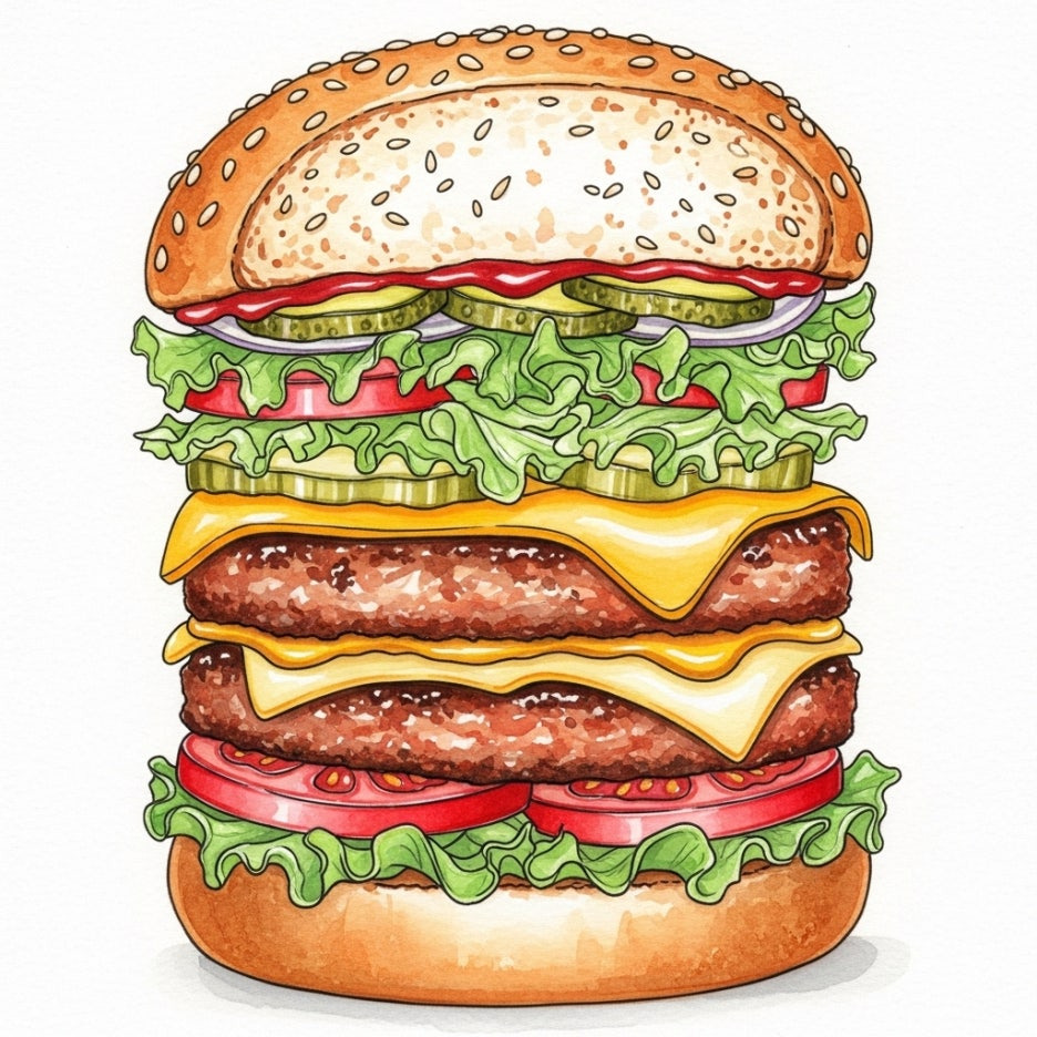 다양한 재료가 겹겹이 쌓인 버거의 옆모습