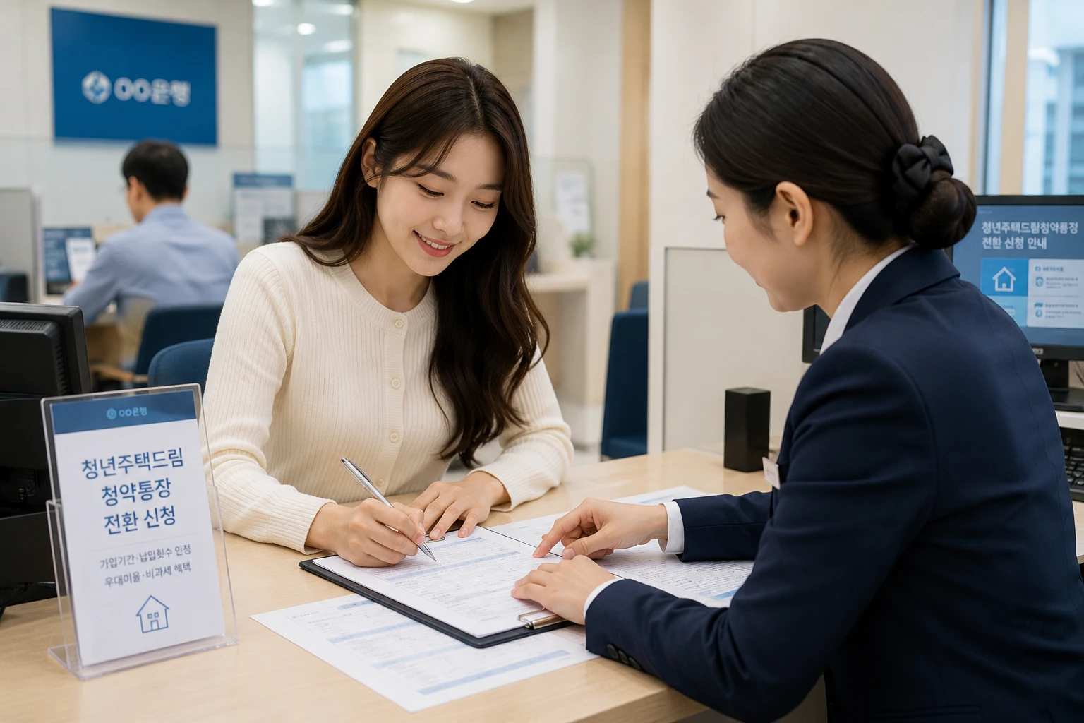 청년주택드림청약통장 전환 신청을 위해 은행에서 서류를 작성하는 청년 여성 고객 모습