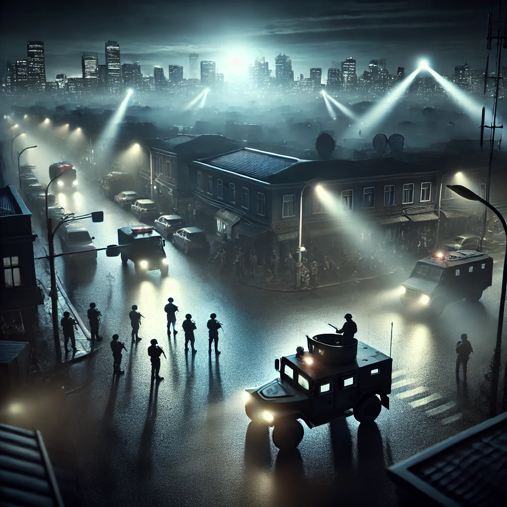 아갼에 무장한 군인, 차량들