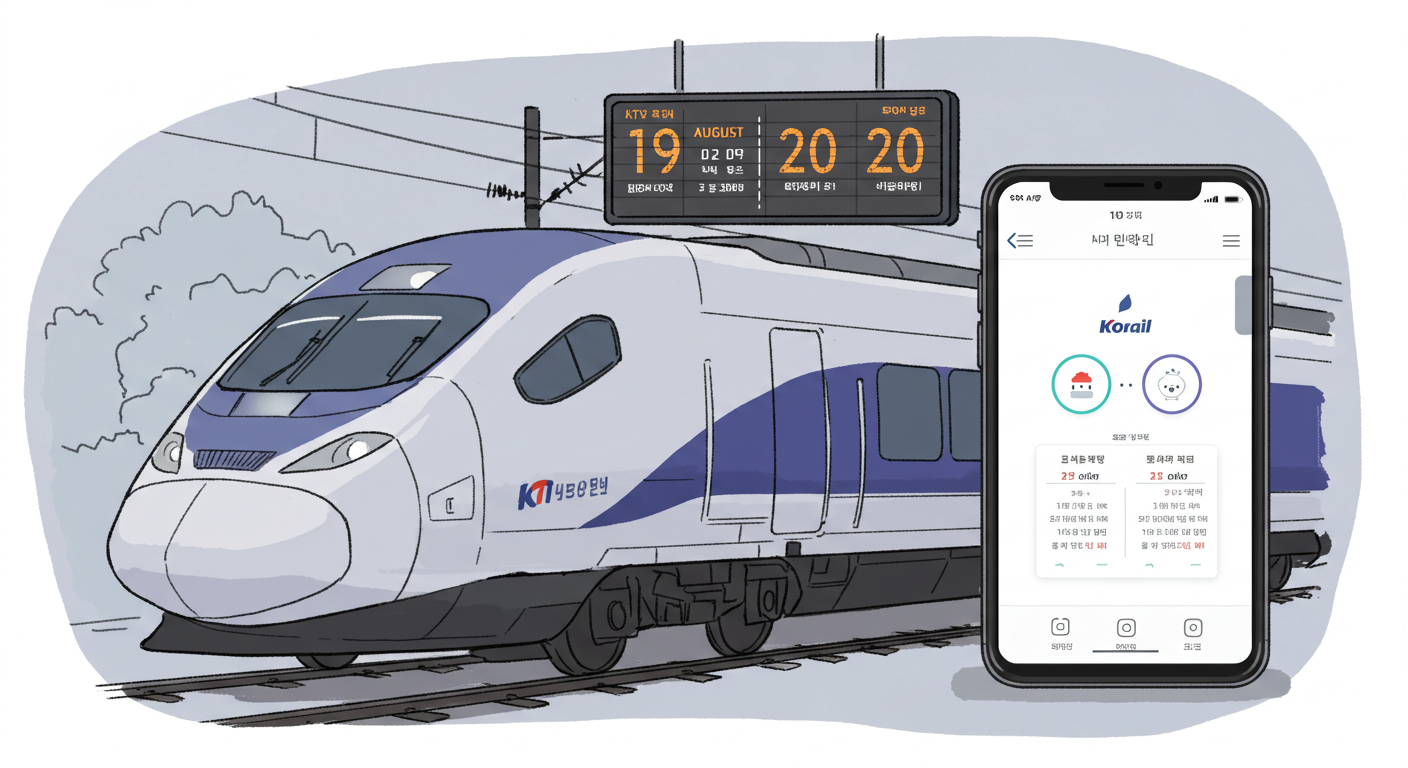 KTX 예매 일정표와 코레일 앱을 함께 보여주는 명확한 일러스트
