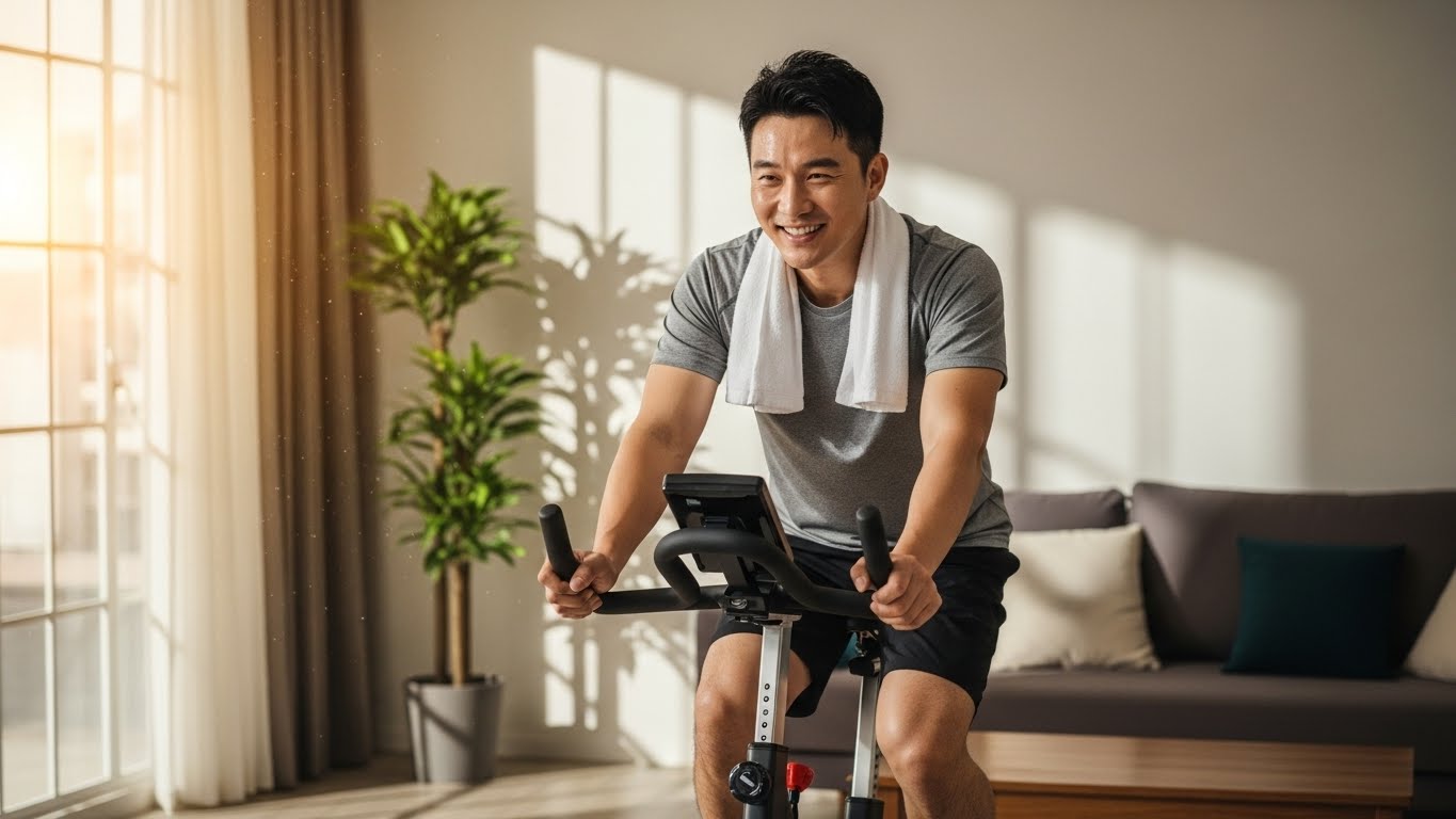 추운 실외 대신 따뜻한 실내에서 안전하게 자전거를 타며 체력을 관리하는 한국인