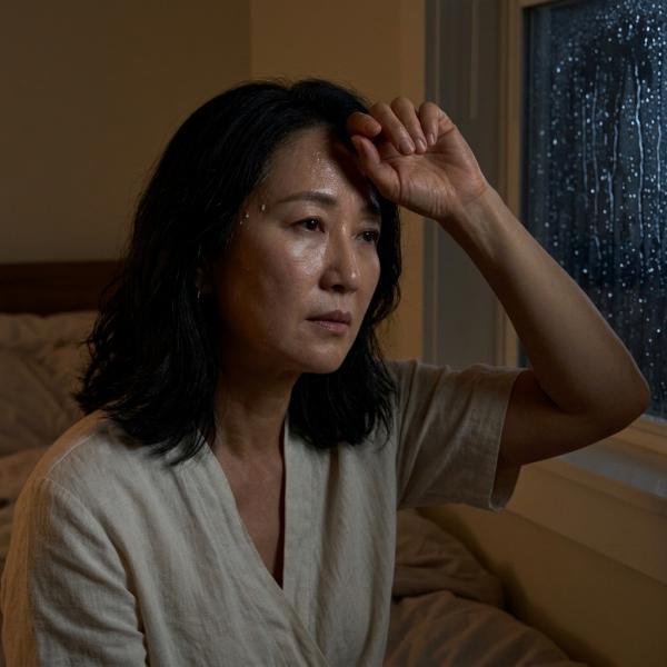 비 내리는 새벽 어두운 침실 침대에 앉아 슬픈 표정으로 빗방울 맺힌 창밖을 바라보는 50대 여성의 1:1 비율 실사 사진.