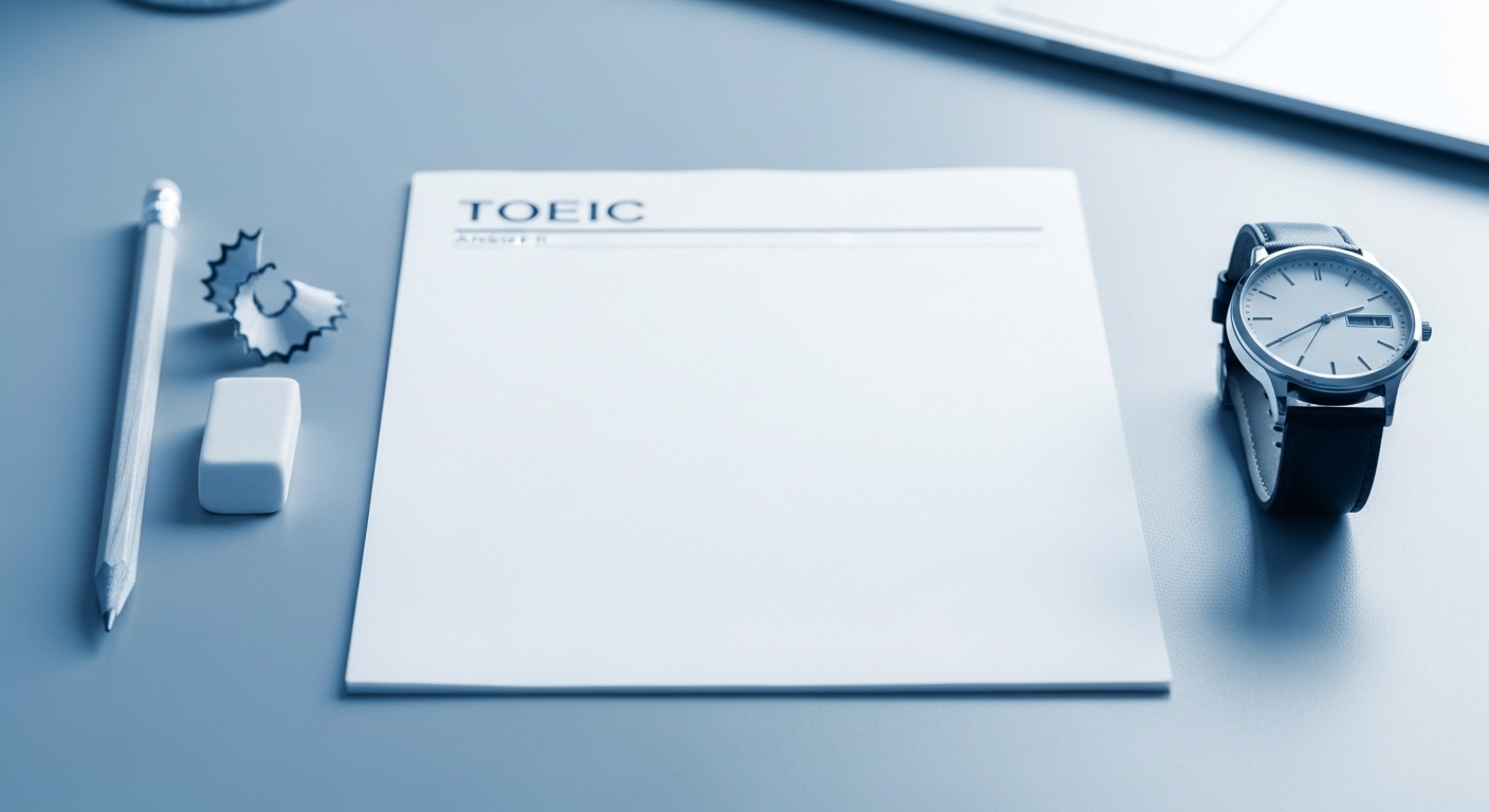 토익 시험 당일 필수 준비물인 연필, 지우개, 아날로그 손목시계, 그리고 답안지가 깔끔하게 놓여있는 책상.