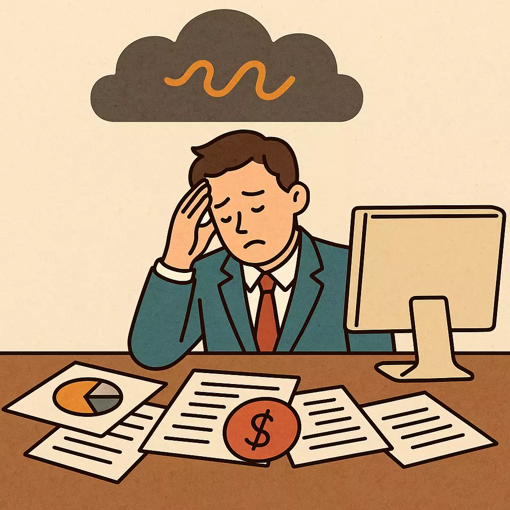 건보료 상위 10% 대상자가 세금, 서류, 경제적 부담으로 스트레스를 느끼는 장면을 묘사한 일러스트 이미지