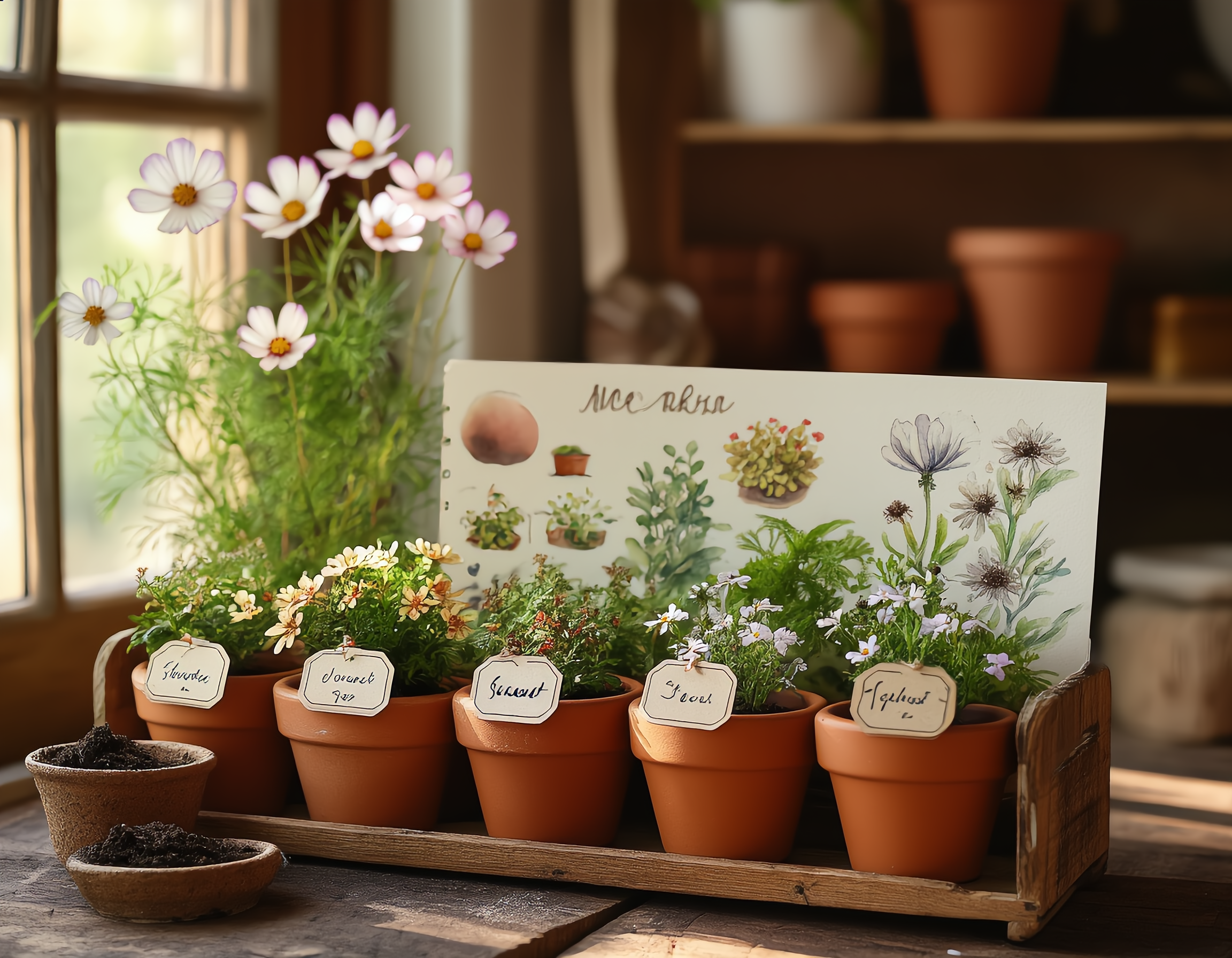 A compact seed-growing kit with native Korean flower varieties like coreopsis and cosmos sits neatly arranged on a rustic wooden shelf, featuring miniature terracotta pots labeled with handwritten tags, tiny gardening tools, and illustrated planting guides in soft watercolor tones, bathed in warm sunlight streaming through a nearby window that highlights the kit's delicate textures and nurturing aesthetic.