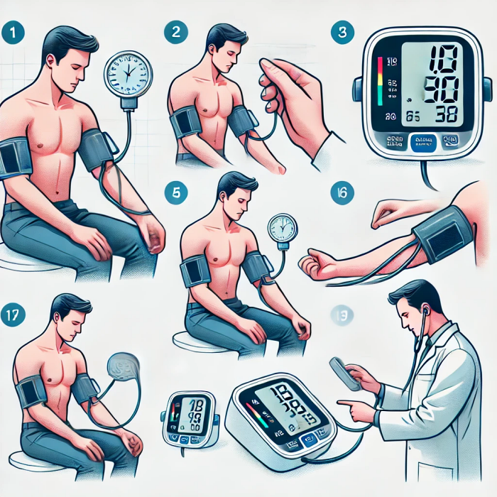 가정에서 정확하게 혈압을 측정하는 방법을 단계별로 보여주는 가이드 이미지
