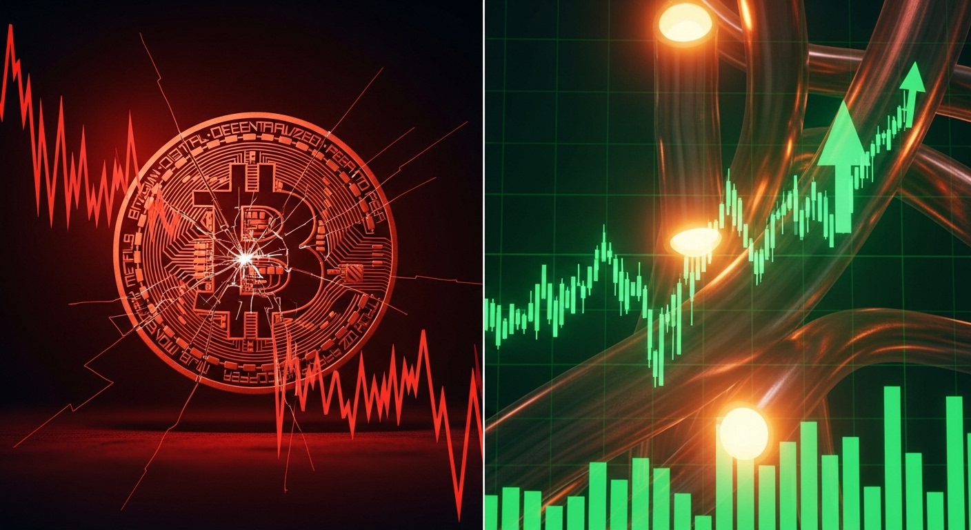 Illustration of a roller coaster plummeting down, with Bitcoins and silver coins spilling out from it.