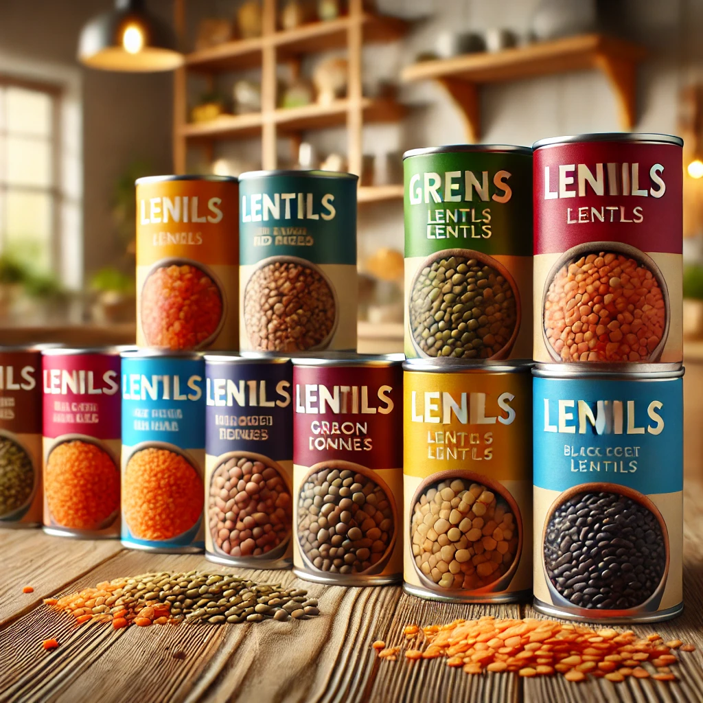 캔에 포장된 다양한 렌틸콩