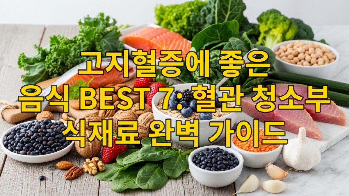 고지혈증 관리에 좋은 신선한 등푸른 생선, 귀리, 견과류, 베리류, 잎채소, 마늘이 푸짐하게 놓인 건강식 식탁 이미지. 혈관 건강에 도움이 되는 다양한 식재료.