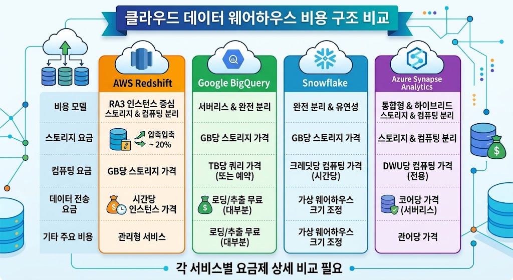 스노우플레이크 가상 웨어하우스 과금 모델과 빅쿼리 슬롯 기반 가격 정책 차이를 시각적으로 보여주는 엔터프라이즈 아키텍처 도면