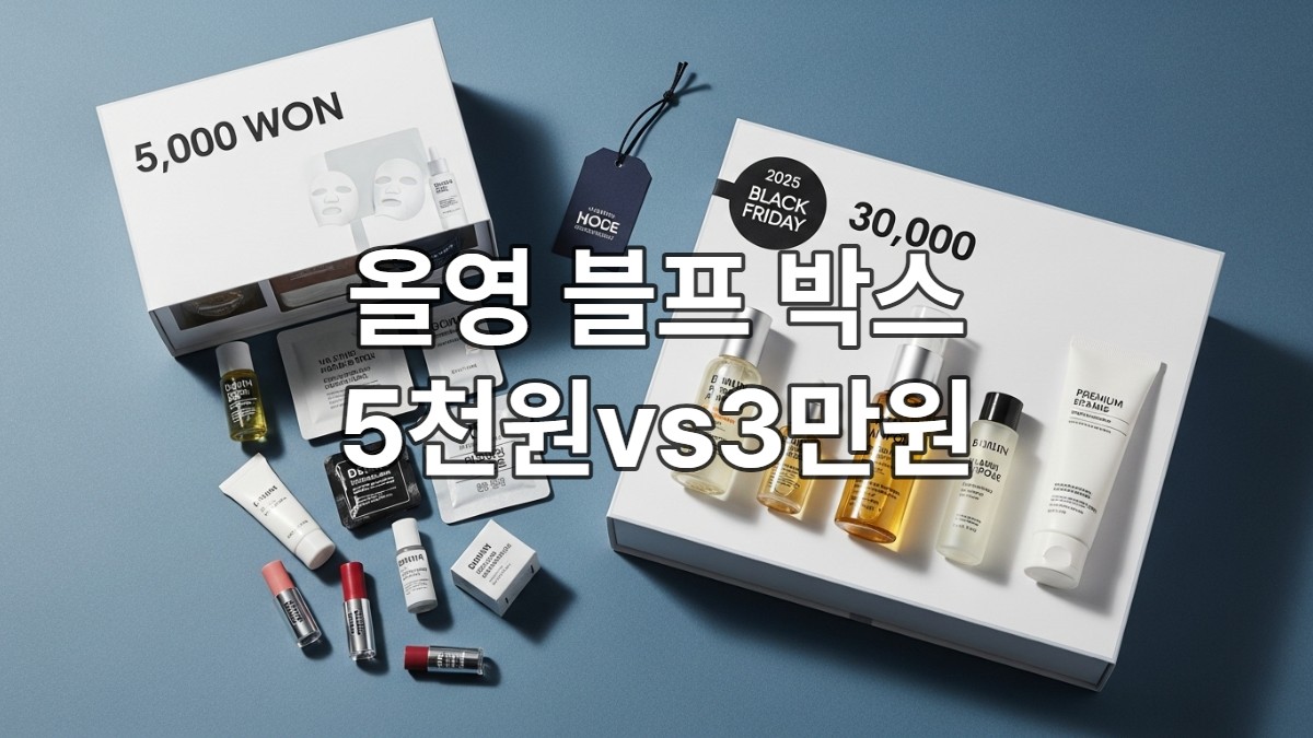 2025년 올리브영 블프라이즈 5천원 및 3만원 박스 구성품을 펼쳐놓은 모습. 다양한 화장품과 뷰티 제품들이 눈길을 끈다.