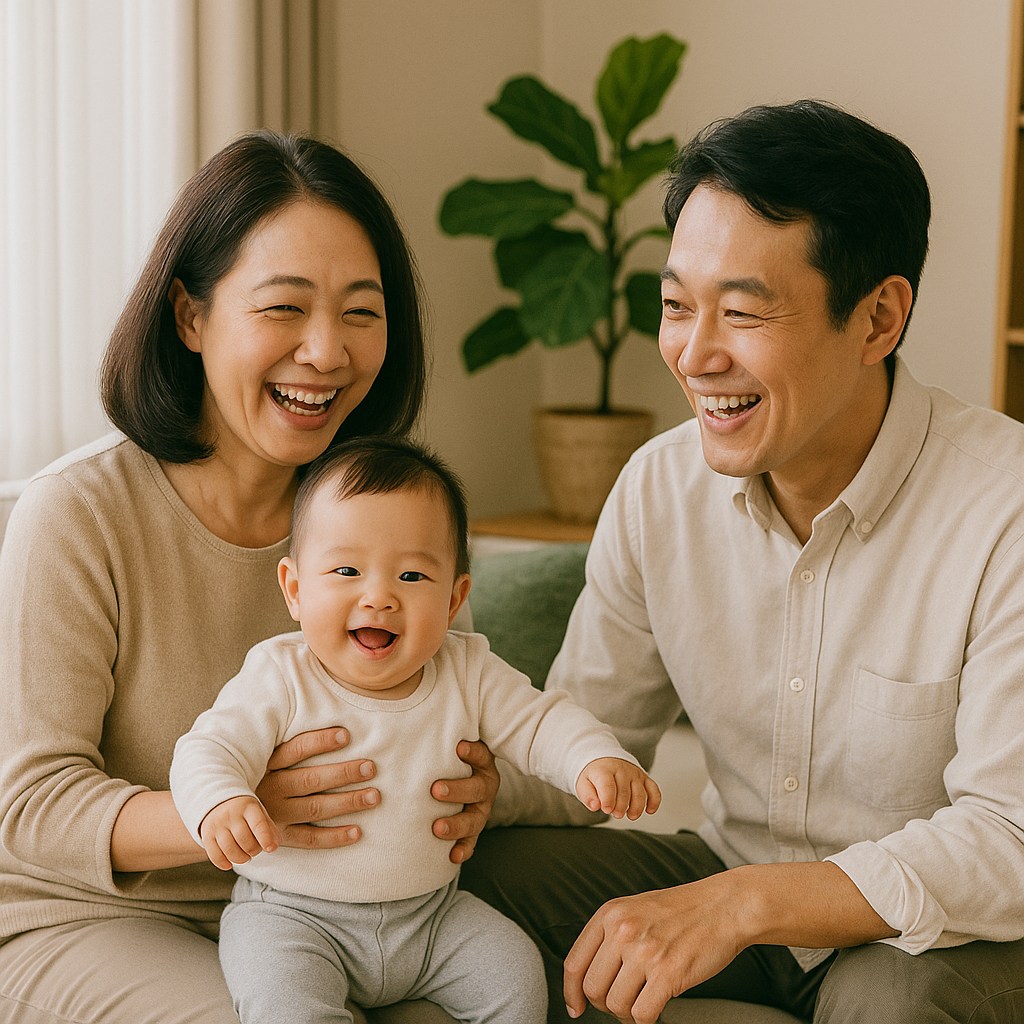 40대 여성과 남성은 부부 입니다. 아이와 즐겁게 웃으며 행복한 시간을 보내고 있습니다.