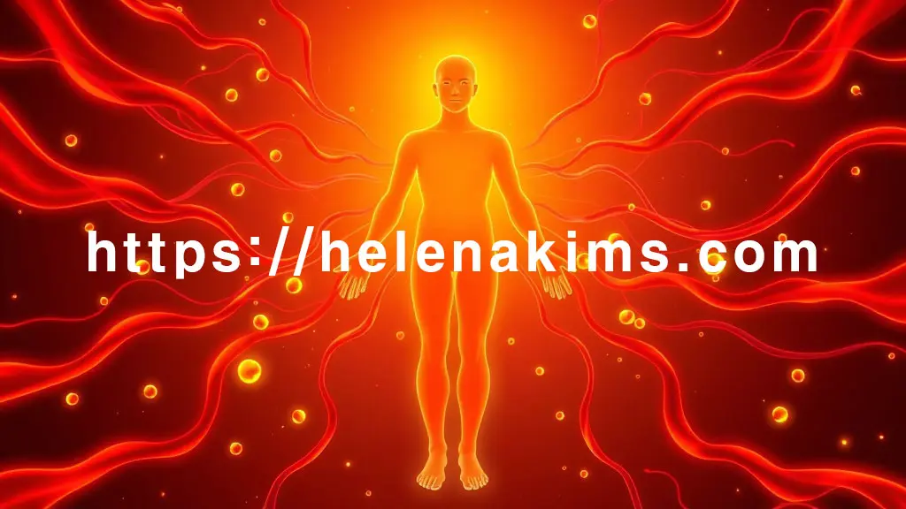 중앙에 인체 실루엣이 따뜻한 오렌지빛으로 온화하게 빛나고, 그 주변으로 활기찬 붉은 혈액 흐름이 손끝과 발끝까지 부드럽게 퍼져나가는 이미지.