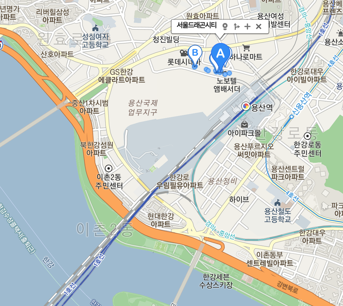 지도 상 서울드래곤시티 위치
