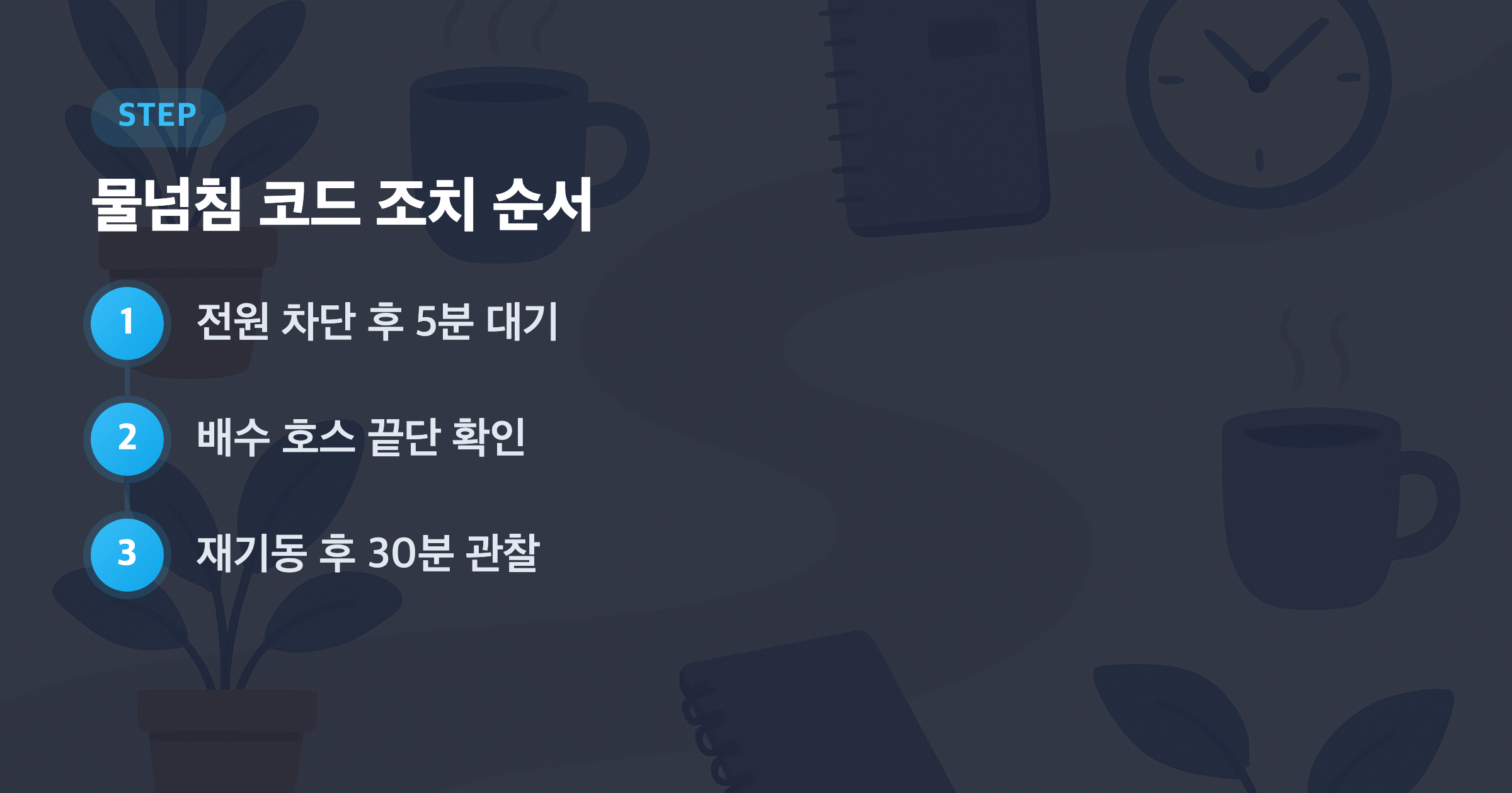 물넘침 코드 조치 순서: 전원 차단 후 5분 대기, 배수 호스 끝단 확인, 재기동 후 30분 관찰